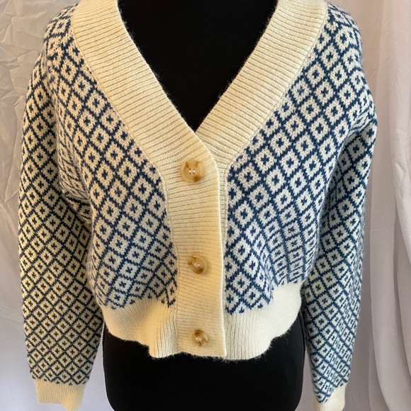 Cider Navy and Cream Diamond Knit Cardigan - Picture 4 of 11